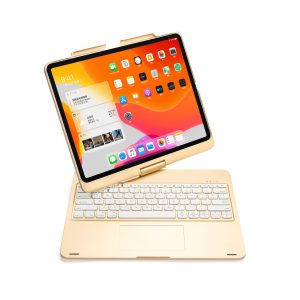 360-degree colorful backlight wireless bluetooth keyboard tablet case with pen nest touch mouse golden color
