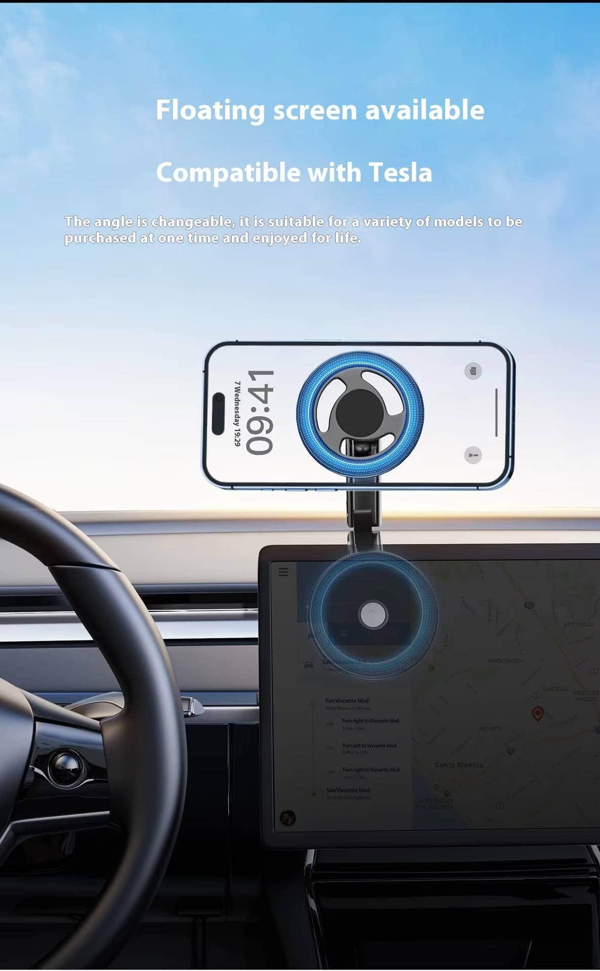 Magnetic car phone mount designed for floating central touchscreens compatible with Tesla