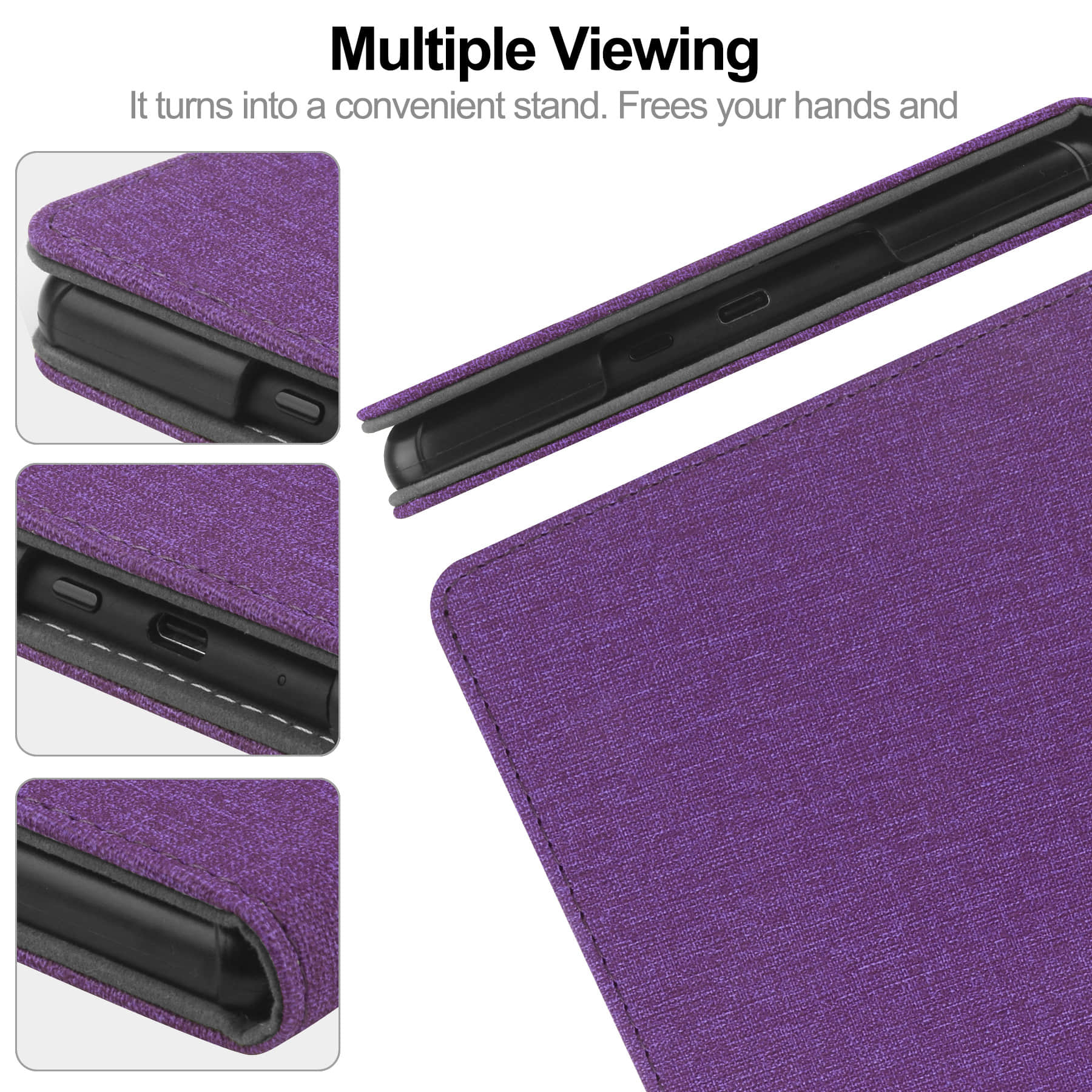 Purple fabric protective cover case with stand feature and precise cutouts for Kindle e-reader