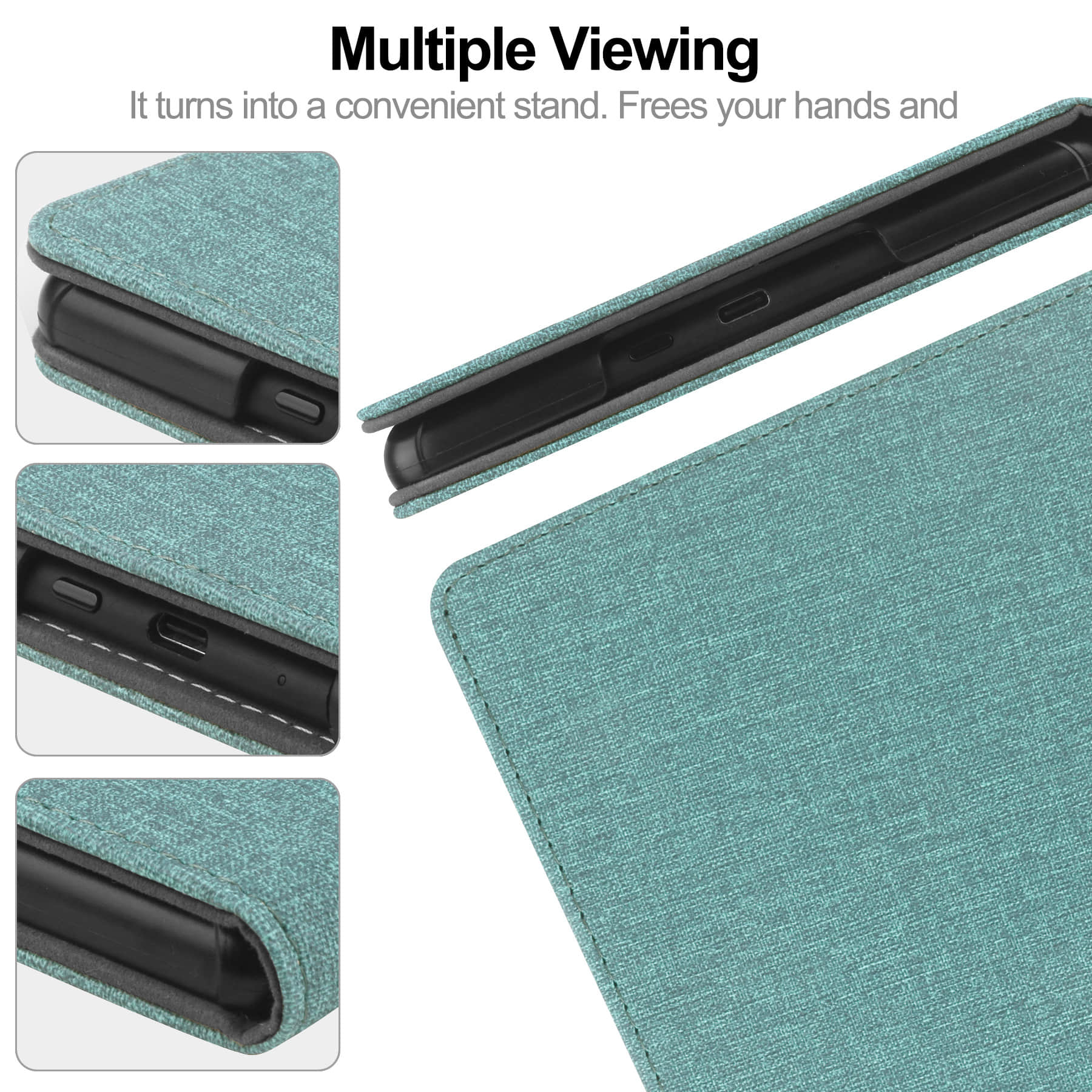 Teal fabric tablet case detail collage, stylus slot and folding hinge close-ups, multi-angle functional display.
