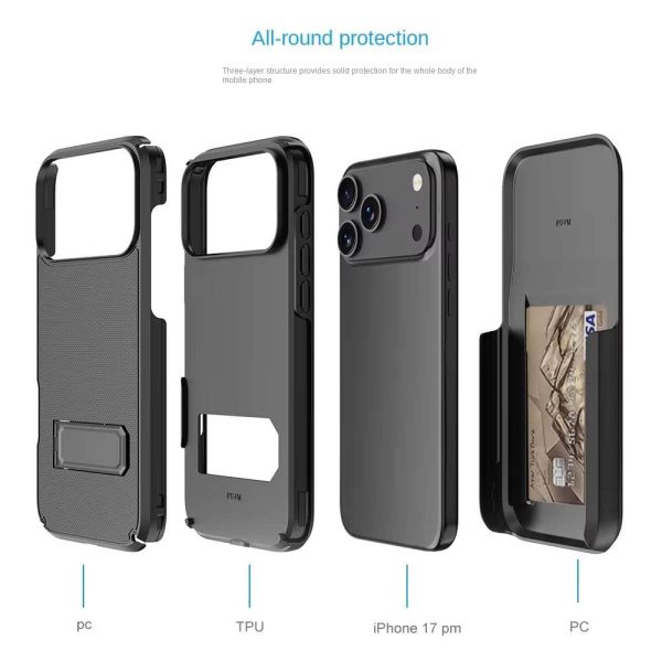 iPhone 16 Pro Max/17 Case - Magnetic Back Clip & Card Holder | Sliding Sleeve with Adjustable Stand & Shockproof Protection - Image 3
