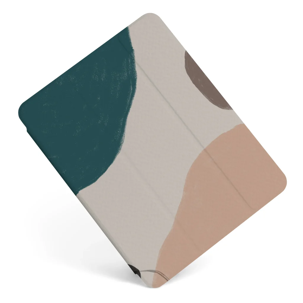 A tablet smart cover case with an abstract earth-tone color block design featuring dark green, beige, and terracotta shapes, isolated on a white background