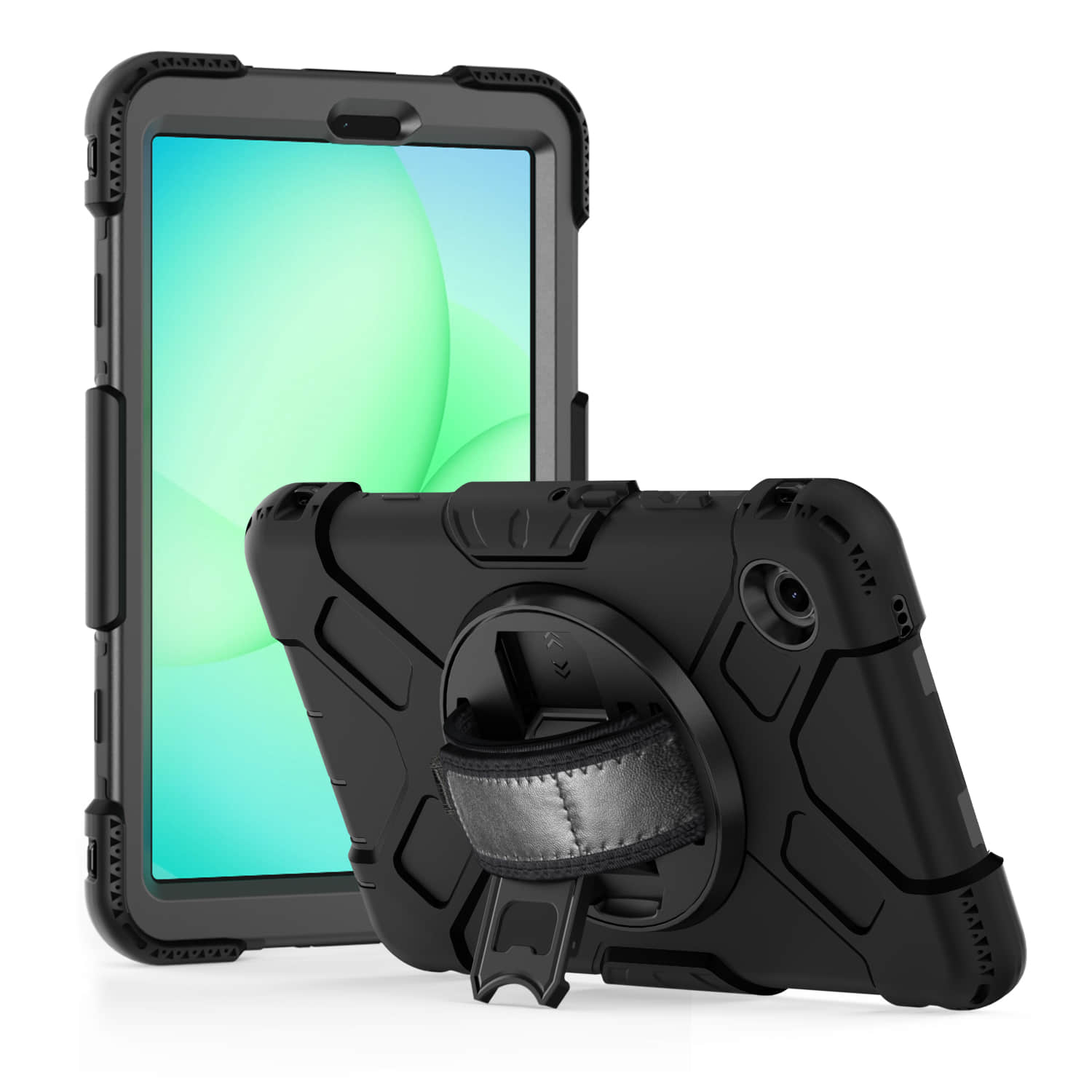 Heavy duty rugged tablet case with 360-degree rotating kickstand and hand strap