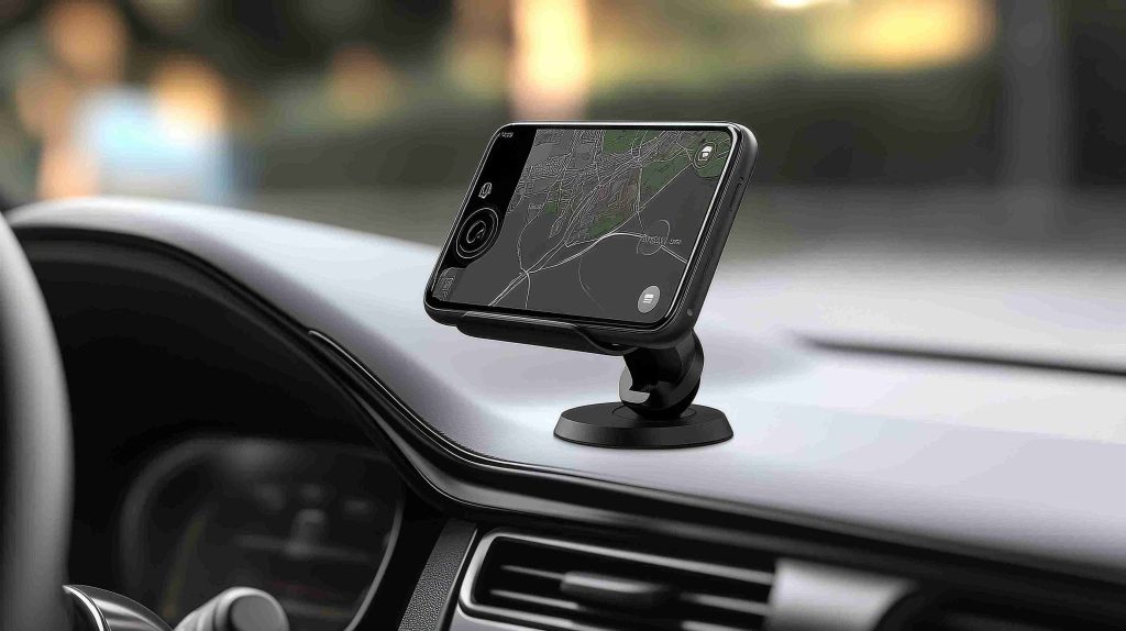 A smartphone displayed horizontally in a black magnetic car mount attached to a vehicle dashboard, showing a GPS navigation map interface