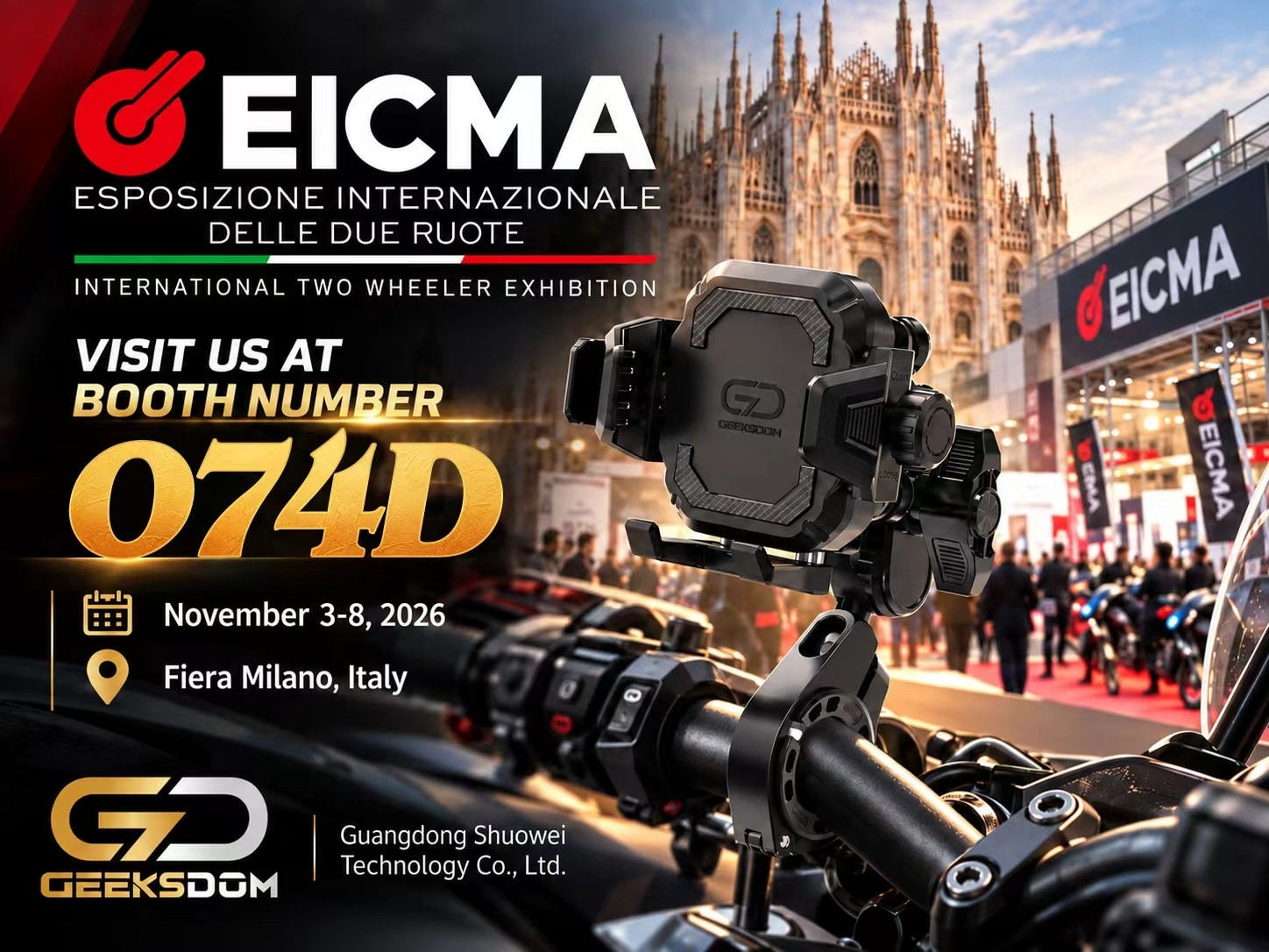 GEEKSDOM EICMA 2026 exhibition invitation for Booth O74D in Milan