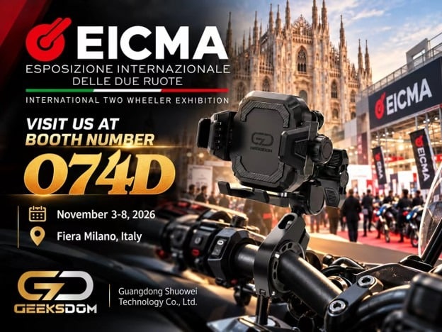 GEEKSDOM EICMA 2026 invitation for motorcycle accessories at Booth 074D