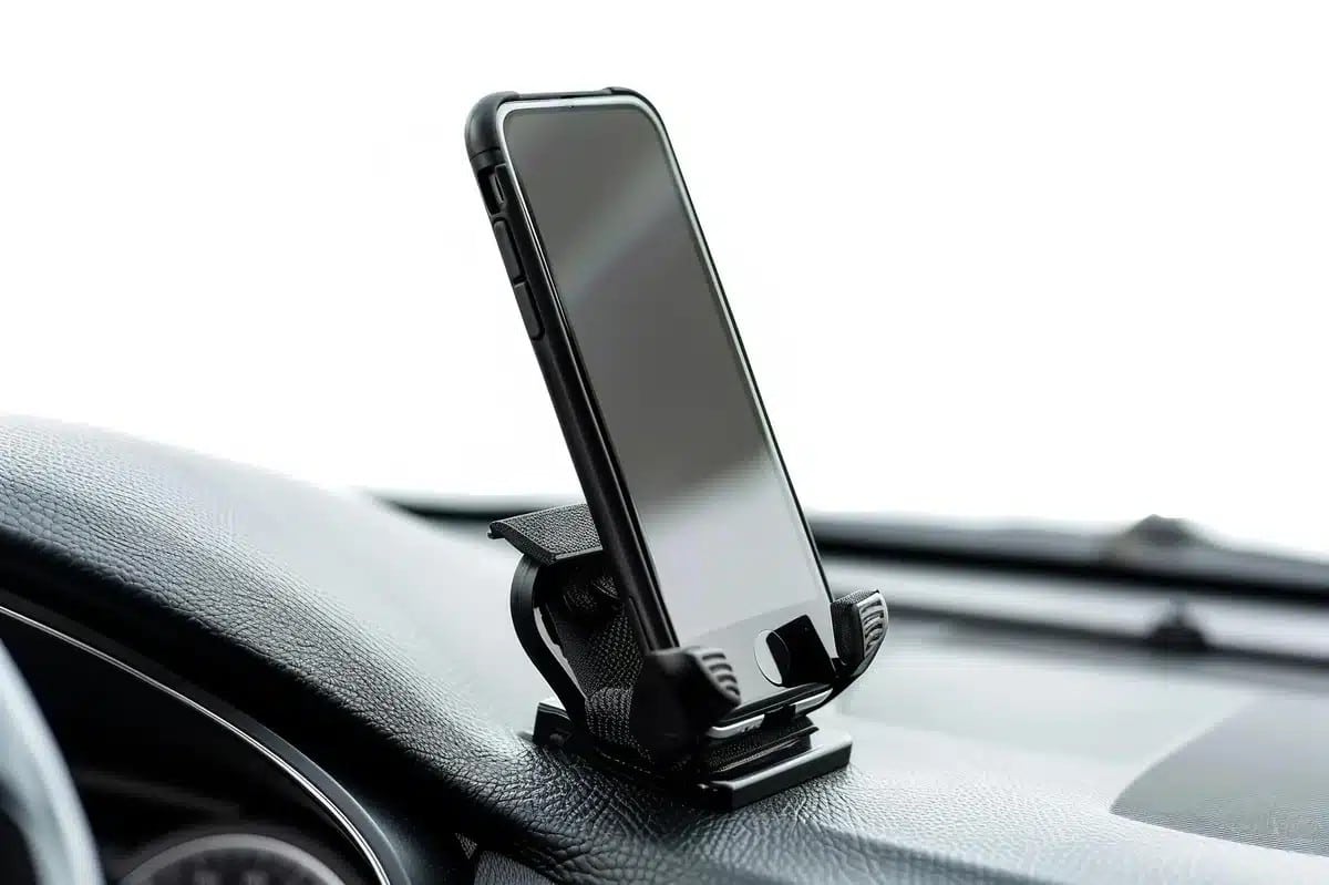Rearview mirror phone holder mounted inside a car