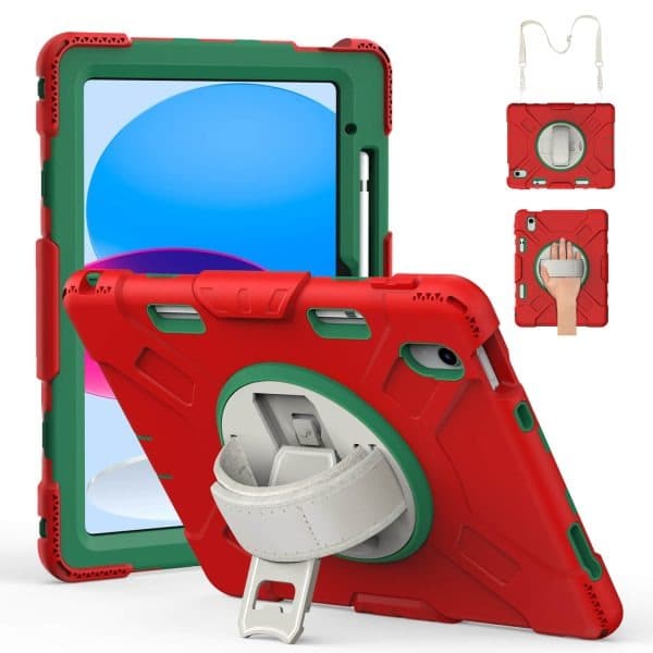 Red rugged tablet case with stand and shoulder strap