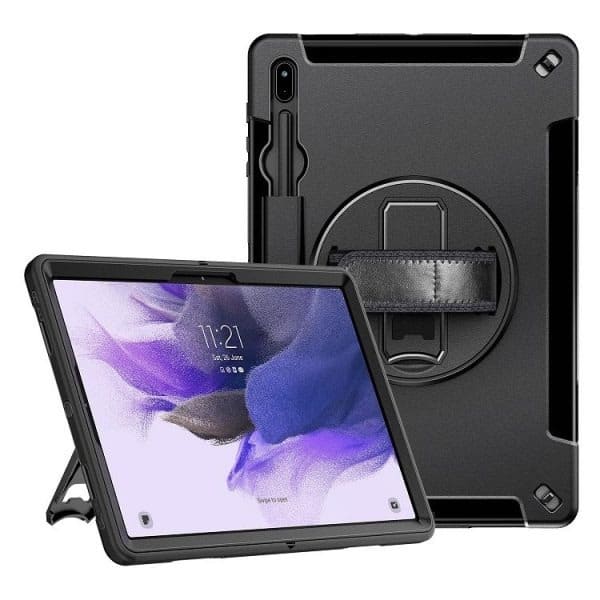 Black rugged tablet case with rotating hand strap
