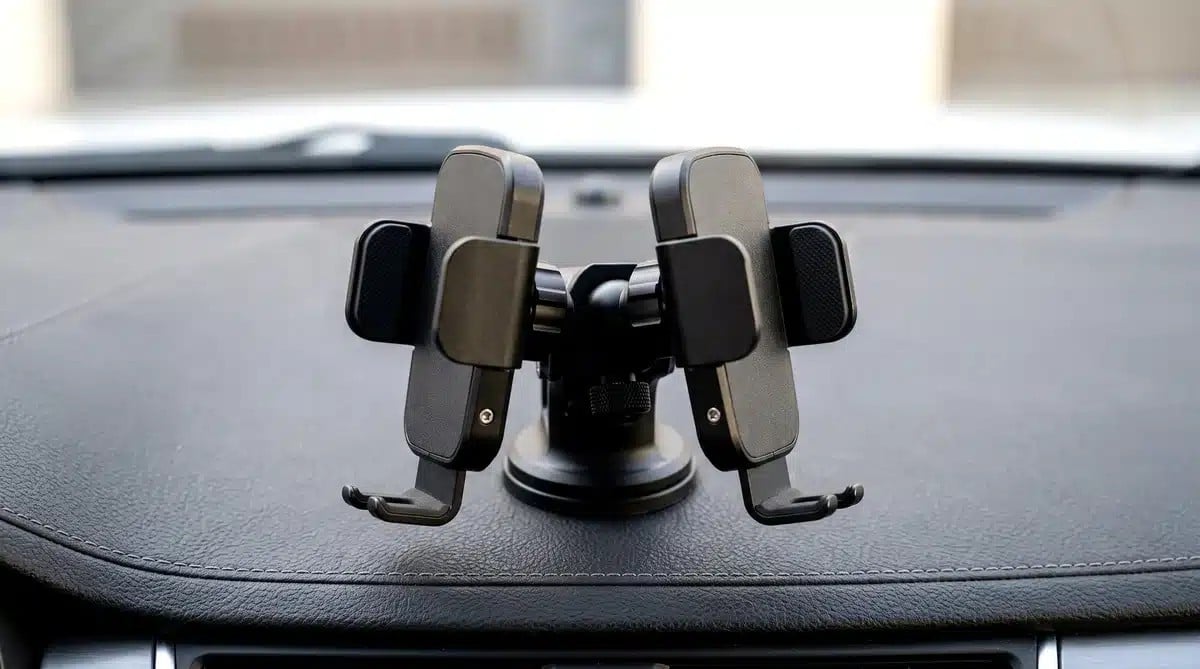 Dual suction cup car phone mount fixed on a dashboard